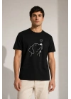 Erkek Köpek Figürlü Minimal Baskılı Tişört Kısa Kol Yazlık T-Shirt - Siyah
