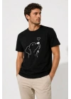 Erkek Köpek Figürlü Minimal Baskılı Tişört Kısa Kol Yazlık T-Shirt - Siyah