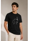 Erkek Köpek Figürlü Minimal Baskılı Tişört Kısa Kol Yazlık T-Shirt - Siyah
