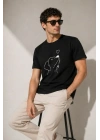Erkek Köpek Figürlü Minimal Baskılı Tişört Kısa Kol Yazlık T-Shirt - Siyah