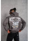 Erkek Kordon İpli Baskılı Kapüşonlu Sweatshirt - Füme