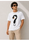 Erkek Kuğu Figürlü Soru İşareti Baskılı Tişört Kısa Kol T-Shirt - Beyaz