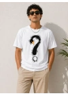 Erkek Kuğu Figürlü Soru İşareti Baskılı Tişört Kısa Kol T-Shirt - Beyaz