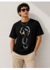 Erkek Kuğu Figürlü Soru İşareti Baskılı Tişört Kısa Kol T-Shirt - Siyah
