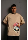 Erkek Mario Baskılı Oversize T-Shirt - Bej