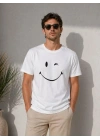Erkek Minimal Gülümseyen Yüz Baskılı Tişört Kısa Kol Yazlık T-Shirt - Beyaz