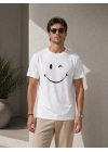 Erkek Minimal Gülümseyen Yüz Baskılı Tişört Kısa Kol Yazlık T-Shirt - Beyaz