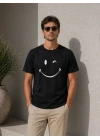 Erkek Minimal Gülümseyen Yüz Baskılı Tişört Kısa Kol Yazlık T-Shirt - Siyah