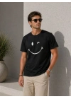 Erkek Minimal Gülümseyen Yüz Baskılı Tişört Kısa Kol Yazlık T-Shirt - Siyah