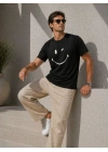 Erkek Minimal Gülümseyen Yüz Baskılı Tişört Kısa Kol Yazlık T-Shirt - Siyah