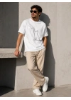 Erkek Minimal Kedi Çizim Baskılı Tişört Kısa Kol Yazlık T-Shirt - Beyaz