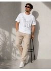 Erkek Minimal Kedi Çizim Baskılı Tişört Kısa Kol Yazlık T-Shirt - Beyaz