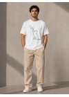 Erkek Minimal Kedi Çizim Baskılı Tişört Kısa Kol Yazlık T-Shirt - Beyaz