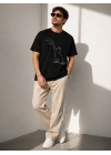 Erkek Minimal Kedi Çizim Baskılı Tişört Kısa Kol Yazlık T-Shirt - Siyah
