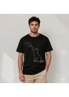 Erkek Minimal Kedi Çizim Baskılı Tişört Kısa Kol Yazlık T-Shirt - Siyah