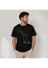 Erkek Minimal Kedi Çizim Baskılı Tişört Kısa Kol Yazlık T-Shirt - Siyah