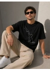 Erkek Minimal Kedi Çizim Baskılı Tişört Kısa Kol Yazlık T-Shirt - Siyah