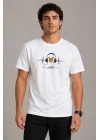 Erkek Müzik Temalı Baskılı Tişört Bisiklet Yaka Kısa Kol T-Shirt - Beyaz