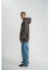 Erkek Nakış İşlemeli Kapşonlu Antrasit Sweatshirt Üç İplik Double Oversize- Füme
