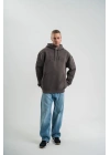 Erkek Nakış İşlemeli Kapşonlu Antrasit Sweatshirt Üç İplik Double Oversize- Füme