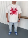 Erkek Örümcek Baskılı Tişört Kısa Kollu Bisiklet Yaka T-Shirt - Beyaz