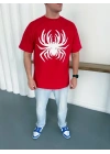 Erkek Örümcek Baskılı Tişört Kısa Kollu Bisiklet Yaka T-Shirt - Kırmızı