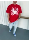 Erkek Örümcek Baskılı Tişört Kısa Kollu Bisiklet Yaka T-Shirt - Kırmızı