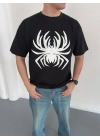 Erkek Örümcek Baskılı Tişört Kısa Kollu Bisiklet Yaka T-Shirt - Siyah
