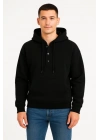 Erkek Ovarsize Kapüşonlu Swetshirt Kanguru Çepli Cıtcıtlı 3 Iplik Şardonlu Hoodie - Siyah