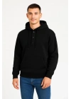 Erkek Ovarsize Kapüşonlu Swetshirt Kanguru Çepli Cıtcıtlı 3 Iplik Şardonlu Hoodie - Siyah