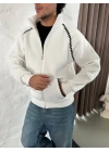 Erkek Oversize Dik Yaka Fermuarlı Sweatshirt - Zincir Nakışli Kanguru Cepli - Beyaz