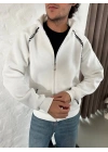 Erkek Oversize Dik Yaka Fermuarlı Sweatshirt - Zincir Nakışli Kanguru Cepli - Beyaz