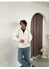 Erkek Oversize Dik Yaka Fermuarlı Sweatshirt - Zincir Nakışli Kanguru Cepli - Beyaz