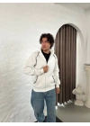 Erkek Oversize Dik Yaka Fermuarlı Sweatshirt - Zincir Nakışli Kanguru Cepli - Beyaz
