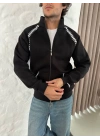 Erkek Oversize Dik Yaka Fermuarlı Sweatshirt - Zincir Nakışli Kanguru Cepli - Siyah