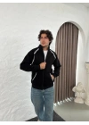 Erkek Oversize Dik Yaka Fermuarlı Sweatshirt - Zincir Nakışli Kanguru Cepli - Siyah