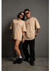 Erkek Oversize Tişört – Beyaz 24/1 Penye Kumaş, Bisiklet Yaka, Ön - Arka Baskılı, Streetwear Tarzı Rahat Büyük Kalıp T-Shirt - Bej