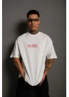 Erkek Oversize Tişört – Beyaz 24/1 Penye Kumaş, Bisiklet Yaka, Ön - Arka Baskılı, Streetwear Tarzı Rahat Büyük Kalıp T-Shirt- Beyaz