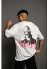 Erkek Oversize Tişört – Beyaz 24/1 Penye Kumaş, Bisiklet Yaka, Ön - Arka Baskılı, Streetwear Tarzı Rahat Büyük Kalıp T-Shirt- Beyaz