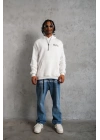 Erkek Oversize Üç İplik Kapüşonlu Sweat – Kol Ve Etek Ribana Detaylı, Ön Ve Sırt Baskılı, Kanguru Cepli Rahat Kalıp Model - Beyaz