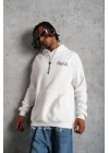 Erkek Oversize Üç İplik Kapüşonlu Sweat – Kol Ve Etek Ribana Detaylı, Ön Ve Sırt Baskılı, Kanguru Cepli Rahat Kalıp Model - Beyaz