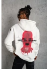 Erkek Oversize Üç İplik Kapüşonlu Sweatshirt – “Don’t Be Terrified” Ön, Sırt Ve Kol Baskılı, Kanguru Cepli, Ribanalı Rahat Model - Beyaz