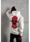 Erkek Oversize Üç İplik Kapüşonlu Sweatshirt – “Don’t Be Terrified” Ön, Sırt Ve Kol Baskılı, Kanguru Cepli, Ribanalı Rahat Model - Beyaz