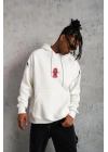 Erkek Oversize Üç İplik Kapüşonlu Sweatshirt – “Don’t Be Terrified” Ön, Sırt Ve Kol Baskılı, Kanguru Cepli, Ribanalı Rahat Model - Beyaz