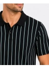 Erkek Pike Kumaş Çizgili Polo Yaka Tişört Kısa Kol Yazlık T-Shirt - Siyah