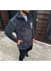 Erkek Polar Fermuarlı Sweatshirt – Kapüşonsuz, Cepli, Yumuşak Dokulu, Oversize Rahat Kalıp, Kışlık Sıcak Tutan Fermuarlı Üst - Füme