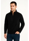 Erkek Polar Kazak – Dik Yaka, Yarım Fermuarlı, Fermuarlı Göğüs Cepli, Siyah Biyeli, Kışlık Rahat Regular Fit Günlük Model - Siyah