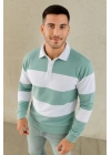 Erkek Polo Yaka Uzun Kollu Çizgili Sweatshirt Trend Rugby Stil - Çağla Yeşili