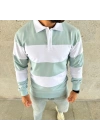 Erkek Polo Yaka Uzun Kollu Çizgili Sweatshirt Trend Rugby Stil - Çağla Yeşili