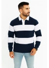 Erkek Polo Yaka Uzun Kollu Çizgili Sweatshirt Trend Rugby Stil - Lacivert